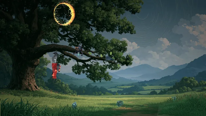 Ezra hanging upside down from a tree in the Genesis World