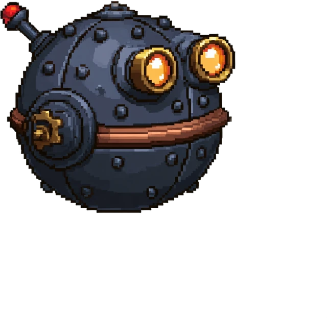 Pix, a round riveted drone with glowing eyes
