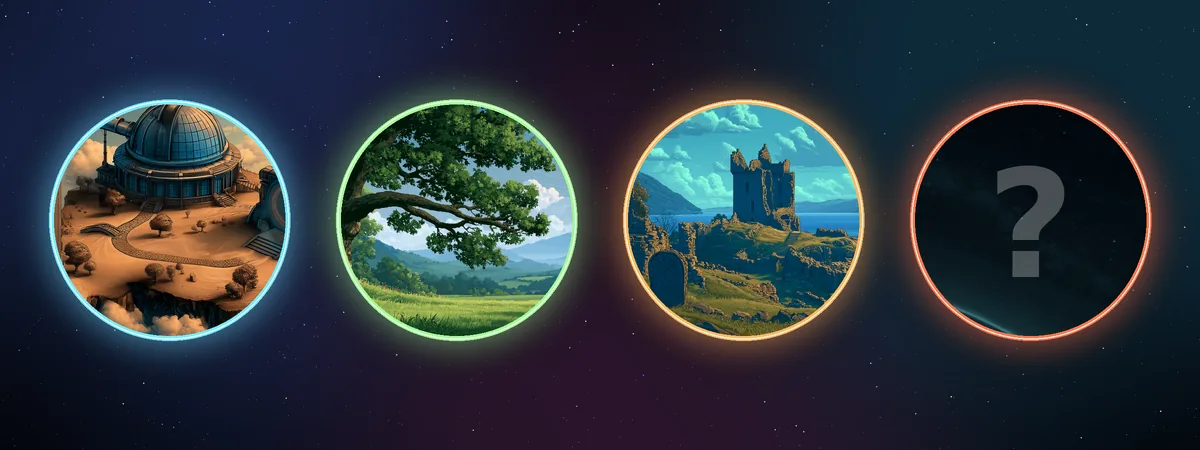 Four glowing portals, each opening onto a different world